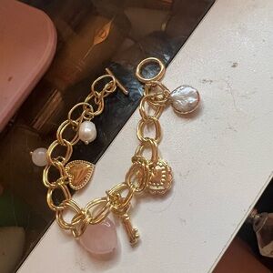 Gold Charm Bracelet with Pearls and Pink Accents